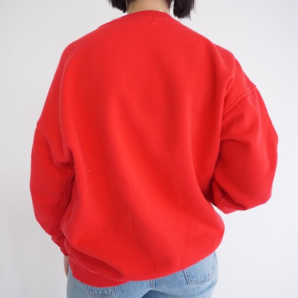 VTG Joyeuses Fêtes Red Ugly Christmas Sweatshirt Trees Cabin Holiday M - Picture 2 of 10